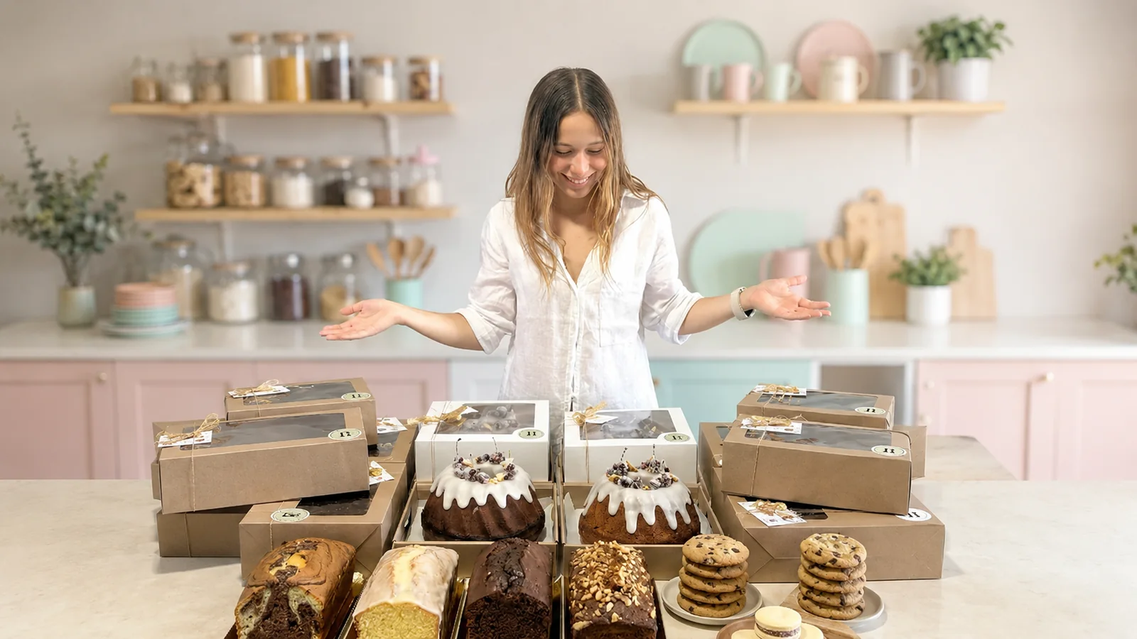 María, creadora de Budiné, con sus budines, cookies y alfajores